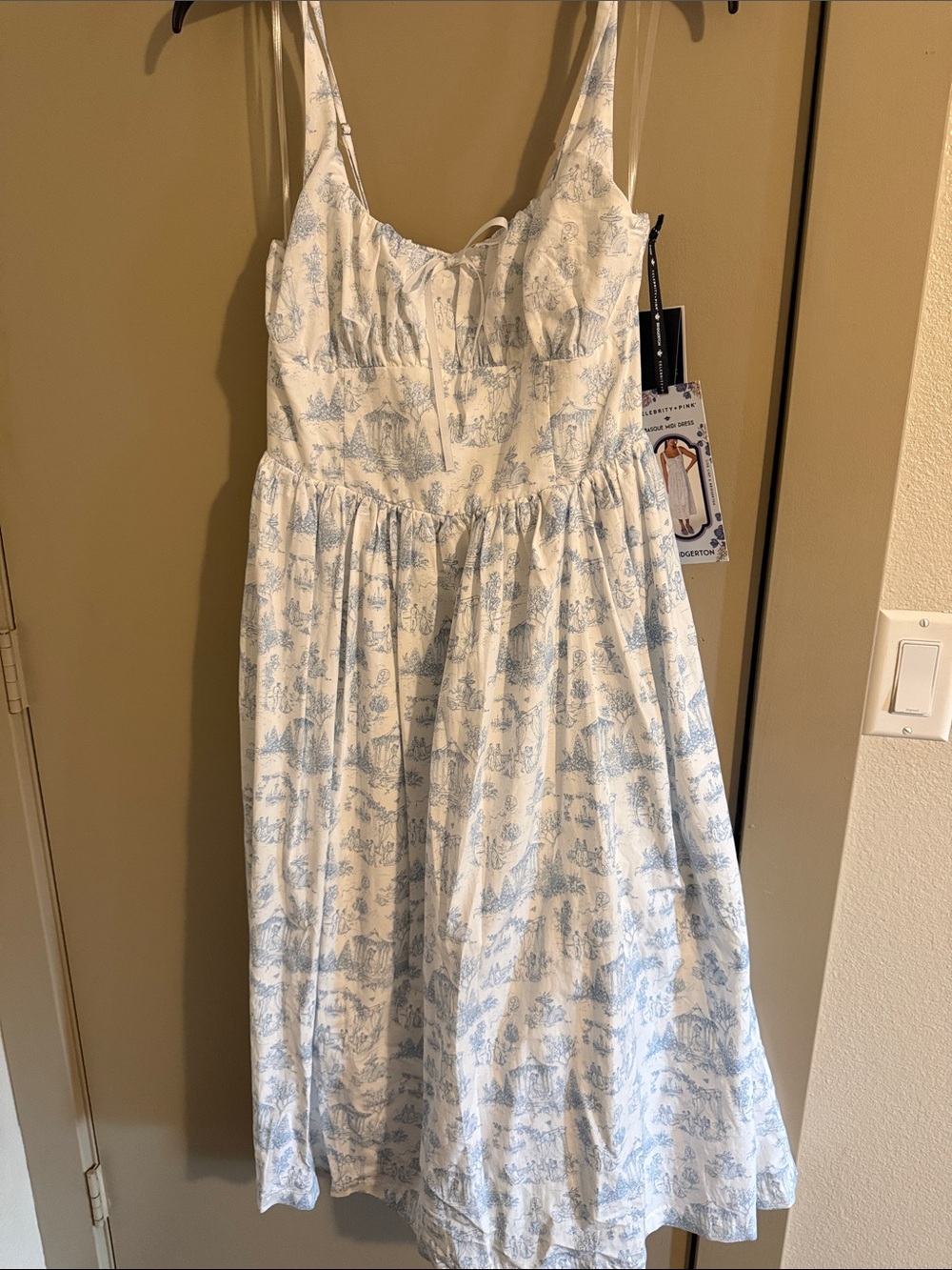 Celebrity Pink White Sundress with Light Blue Toile Print